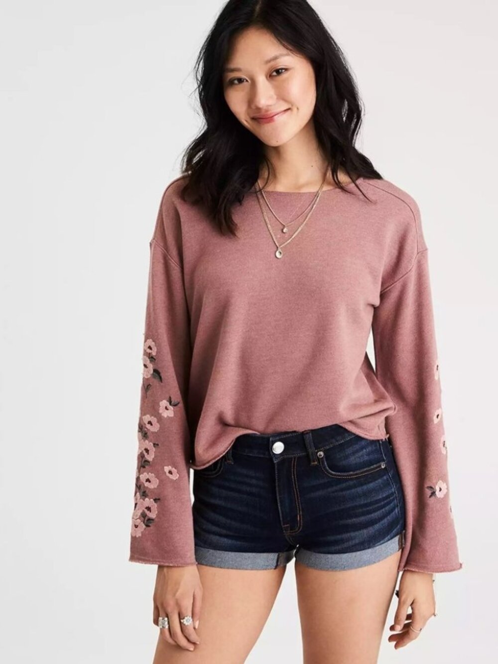 Floral Embroidery Bell Sleeve Sweater by American Eagle